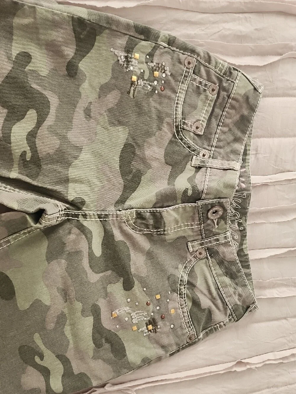 Justice Girls' Camo Jeans with Stud & Sequin Accents - Green